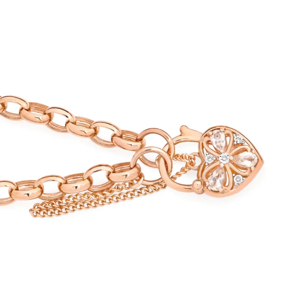Prouds Bracelets>9Ct 19Cm Rose Gold Diamond & Morganite Belcher Padlock Bracelet