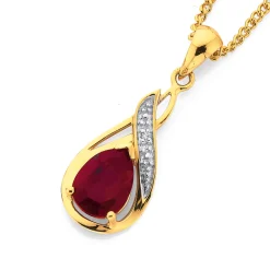 Prouds Pendants>9Ct Created Ruby & Diamond Pear Swirl Drop Pendant In Red