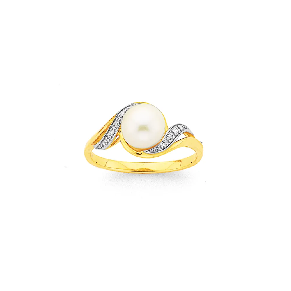 Prouds Rings>9Ct Cultured Freshwater And Diamond Swirl Ring In White