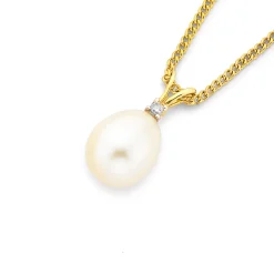 Prouds Pendants>9Ct Cultured Freshwater Pearl & Diamond Pendant In White