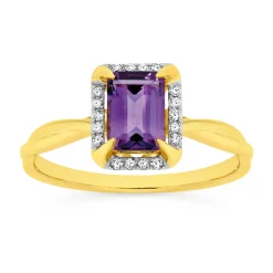 Prouds Rings>9Ct Gold Amethyst & Diamond Emerald Cut Ring In Purple