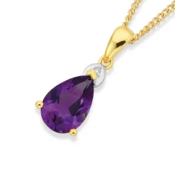 Prouds Pendants>9Ct Gold Amethyst & Diamond Pear Pendant In Purple