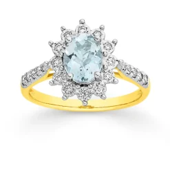 Prouds Rings>9Ct Gold Aquamarine & .25Ct Diamondshoulder Ring. In Blue