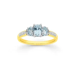 Prouds Rings>9Ct Gold Aquamarine & Diamond Trilogy Shoulder Ring. In Blue