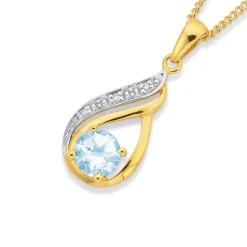 Prouds Pendants>9Ct Gold Aquamarine & Diamond Pendant In Blue