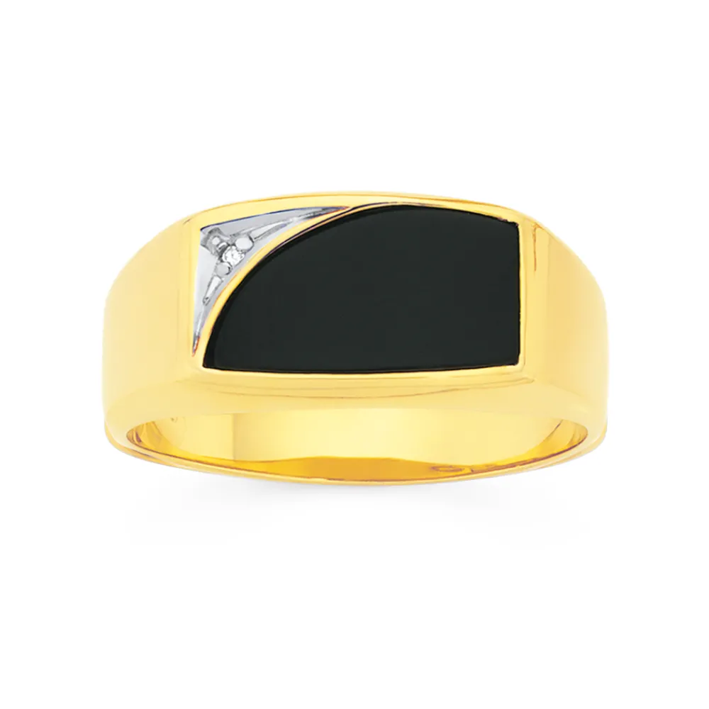 Prouds Rings>9Ct Gold Black Agate & Diamond Gents Ring In Black