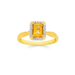 Prouds Rings>9Ct Gold Citrine & Diamond Emerald Cut Ring In Yellow