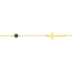Prouds Bracelets>9Ct Gold 19Cm Blue Evil Eye & Cross Trace Bracelet