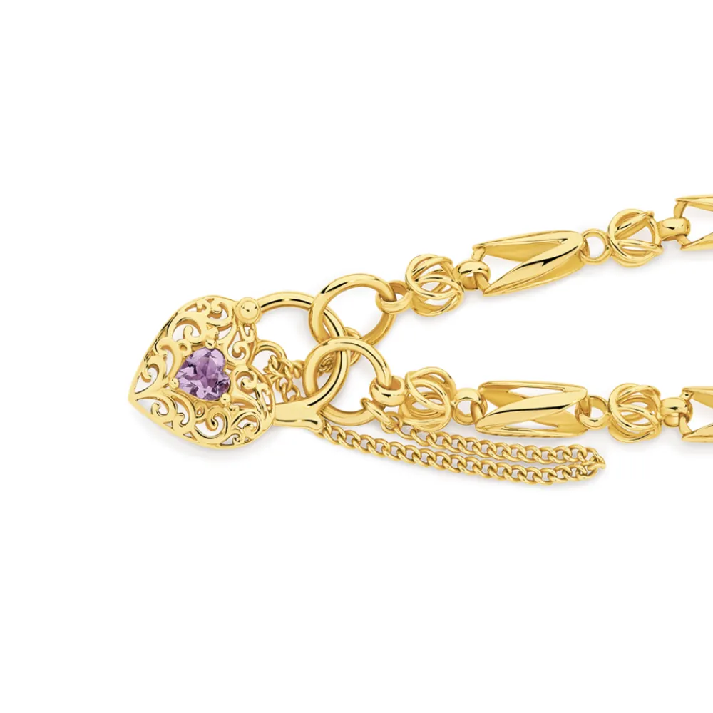 Prouds Bracelets>9Ct Gold 19Cm Solid Tulip Link Amethyst Padlock Bracelet In Purple
