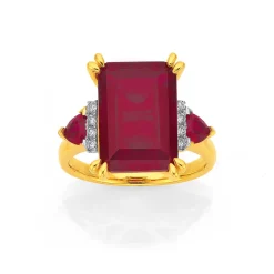 Prouds Rings>9Ct Gold Created Ruby & Diamond Emerald Cut Dress Ring In Red