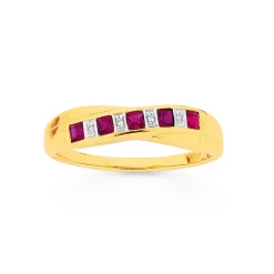 Prouds Rings>9Ct Gold Created Ruby & Diamond Crossover Band In Red