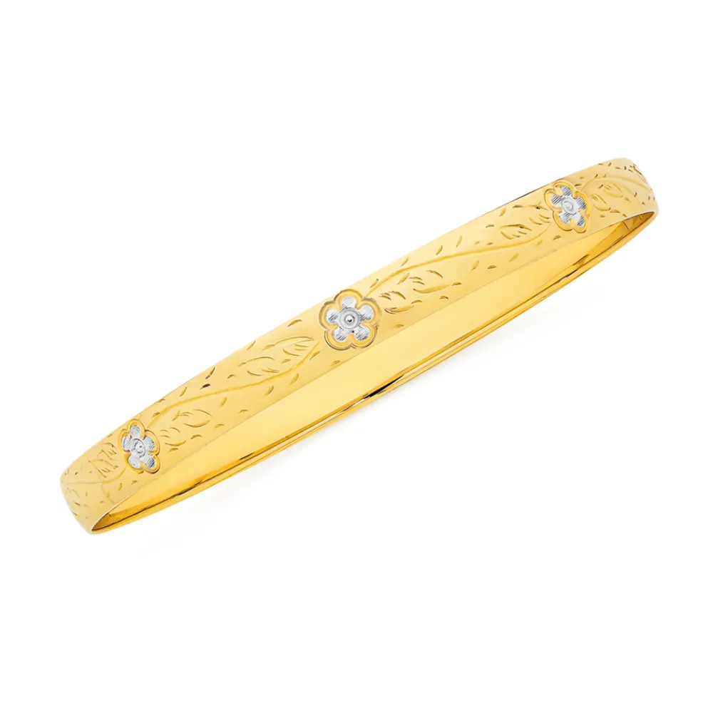 Prouds Bangles>9Ct Gold Two Tone 65Mm Solid Flower Bangle