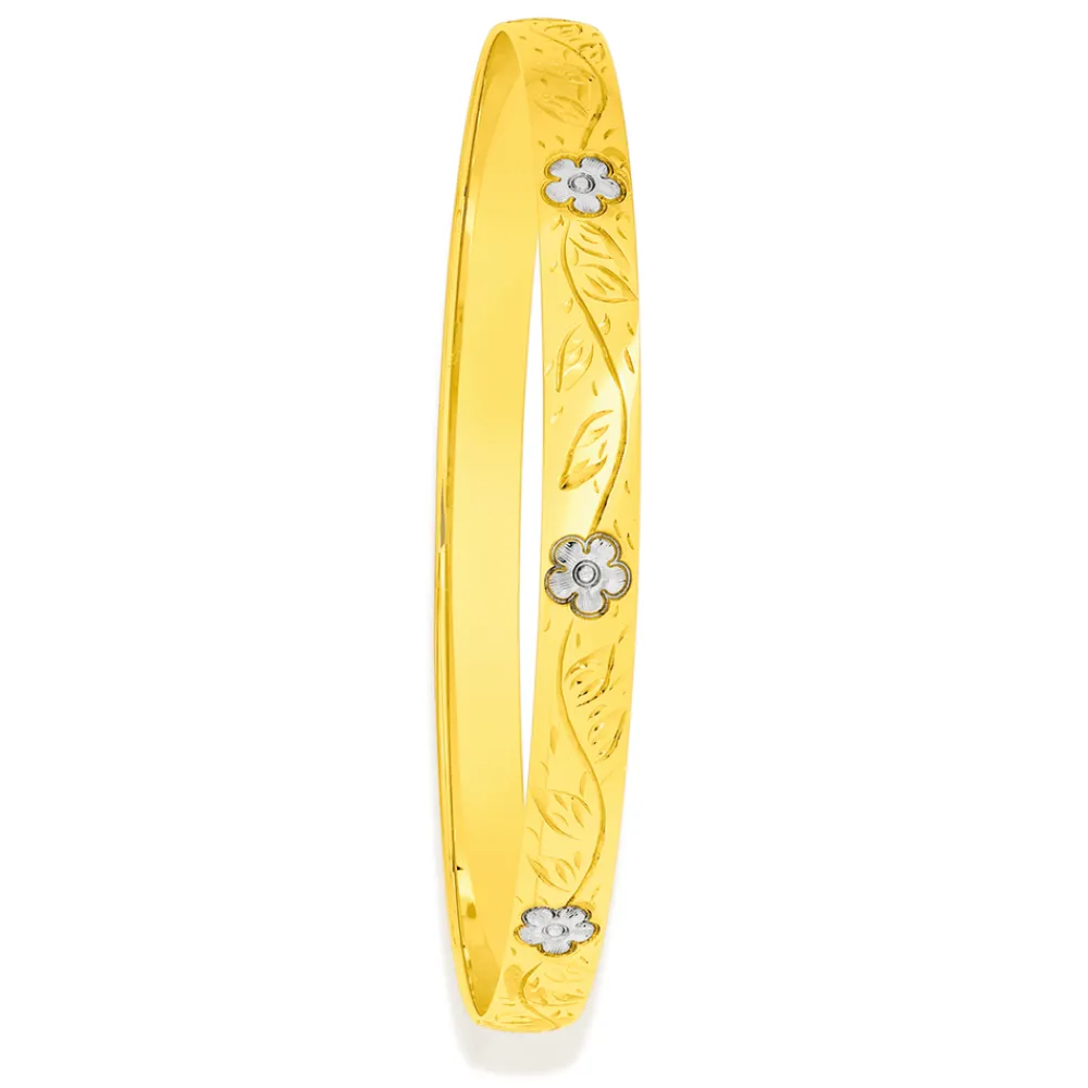 Prouds Bangles>9Ct Gold Two Tone 65Mm Solid Flower Bangle