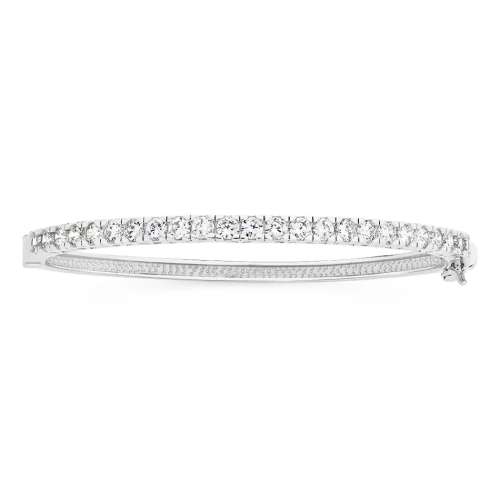 Prouds Bangles>Silver Cubic Zirconia Claw Set Hinge Bangle In White