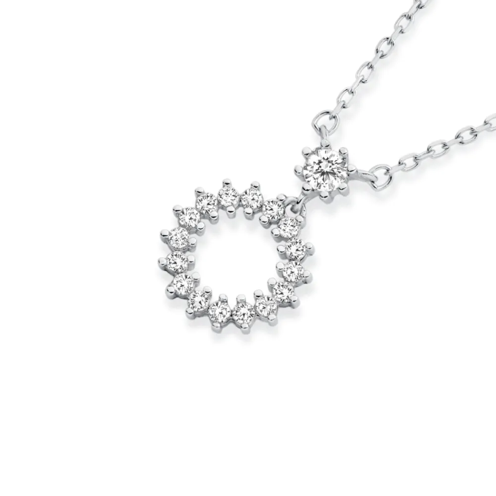 Prouds Necklaces>Silver Cz Circle & Flower Drop Necklet In White