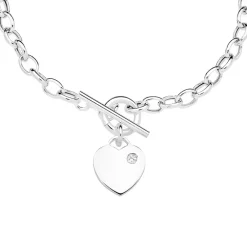 Prouds Necklaces>Silver Oval Belcher With Cubic Zirconia Heart Fob Necklet