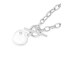 Prouds Necklaces>Silver Oval Belcher With Cubic Zirconia Heart Fob Necklet