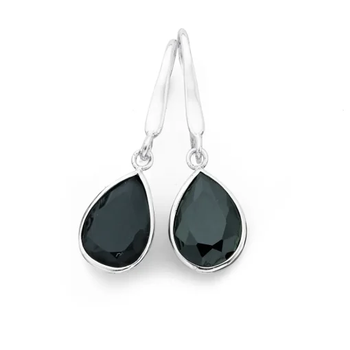 Prouds Earrings>Silver Pear Black Cubic Zirconia Hook Earrings In Black