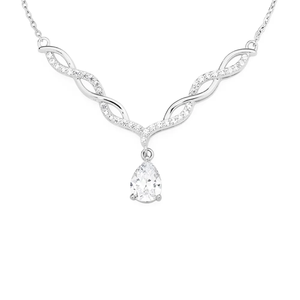 Prouds Necklaces>Silver Pear Cz On Cz Twist Necklet In White