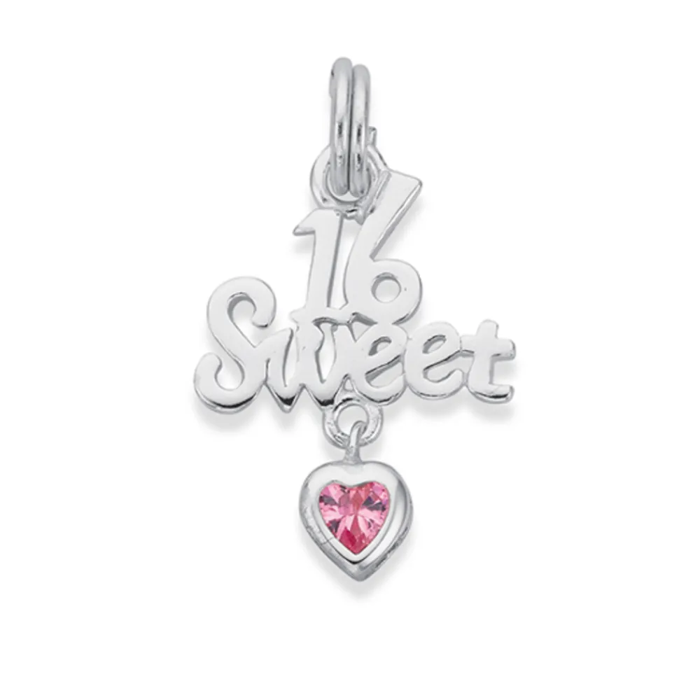 Prouds Charms>Silver Sweet 16 With Pink Cz Heart Charm In Pink