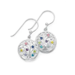 Prouds Earrings>Sterling Silver Multi-Coloured Cz Tree Of Life Round Earrings In White