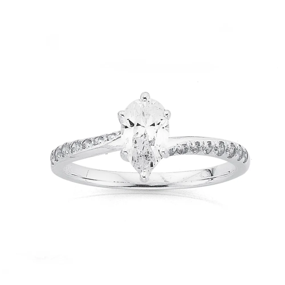 Prouds Rings>Sterling Silver Pear Cz Band Ring In White