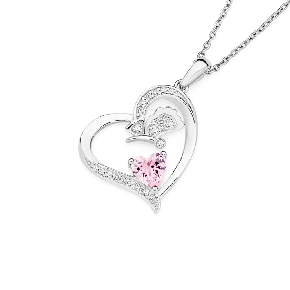 Prouds Pendants>Sterling Silver Pink Cubic Zirconia Heart With Butterfly Pendant "Your Wings Already Exist, All You Need To Do Is Fly" In Pink