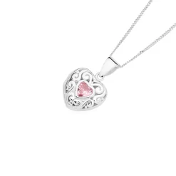 Prouds Pendants>Sterling Silver Pink Cubic Zirconia Filigree Heart Locket In Pink