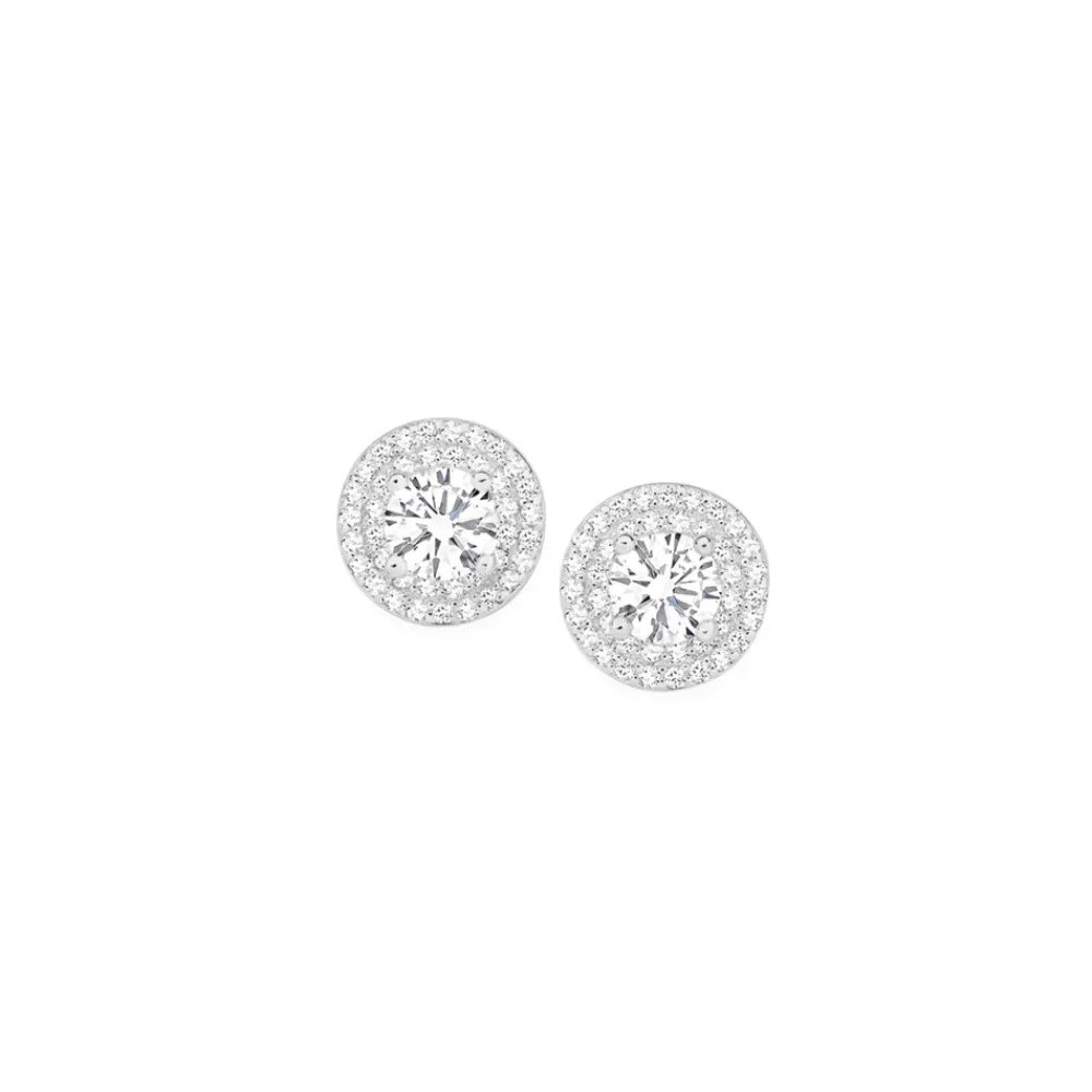 Prouds Earrings>Sterling Silver Round Cubic Zirconia Cluster Stud Earrings In White