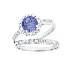 Prouds Rings>Sterling Silver Round Dark Blue Cubic Zirconia 2 Ring Set In Blue
