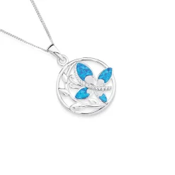 Prouds Pendants>Sterling Silver Synthetic Opal And Cubic Zirconia Butterfly Pendant