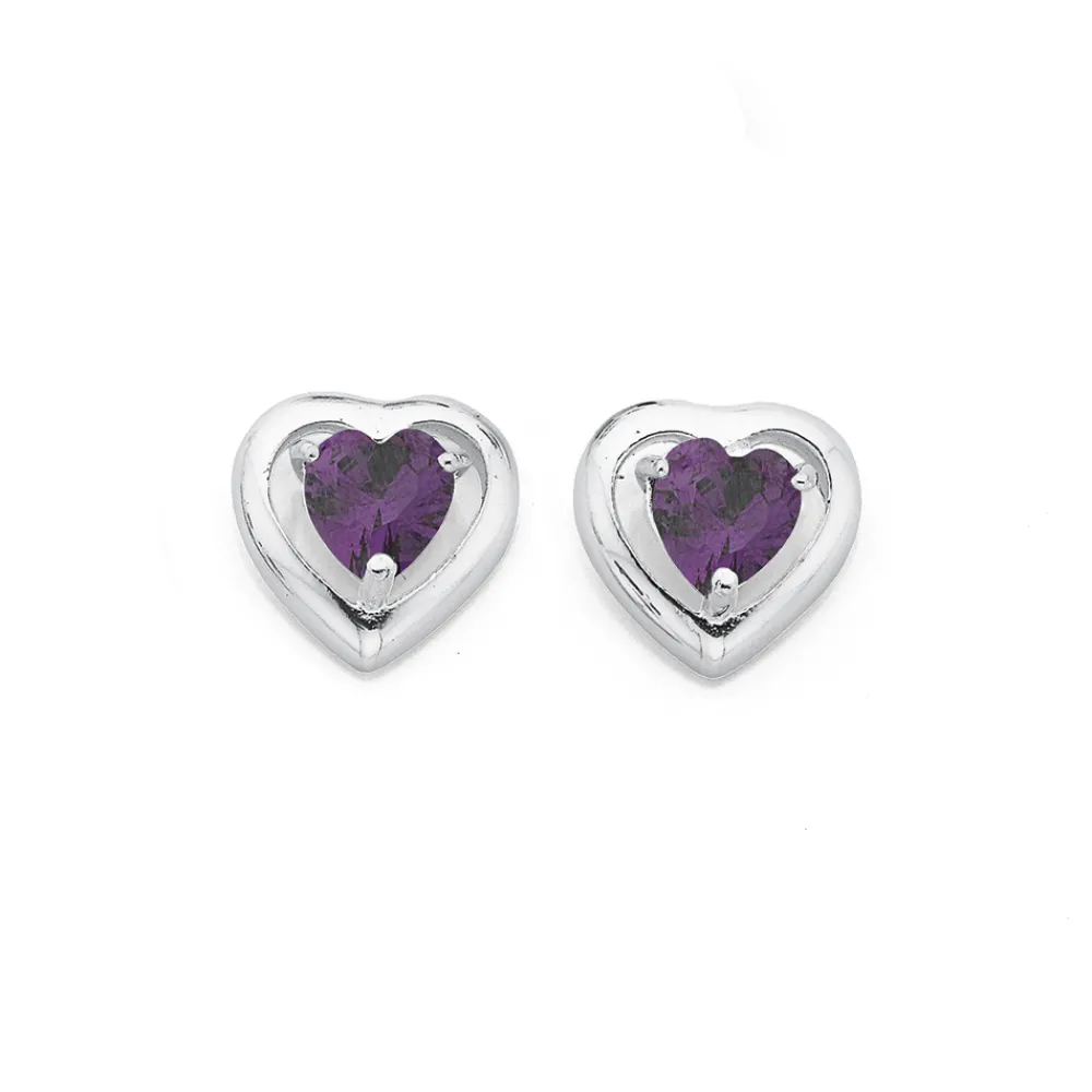 Prouds Earrings>Sterling Silver Violet Cubic Zirconia Framed Heart Studs In Purple