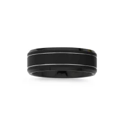 Prouds Rings>Tungsten Carbide Matte Black & Double Silver Lines Ring