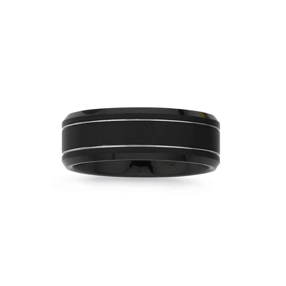 Prouds Rings>Tungsten Carbide Matte Black & Double Silver Lines Ring