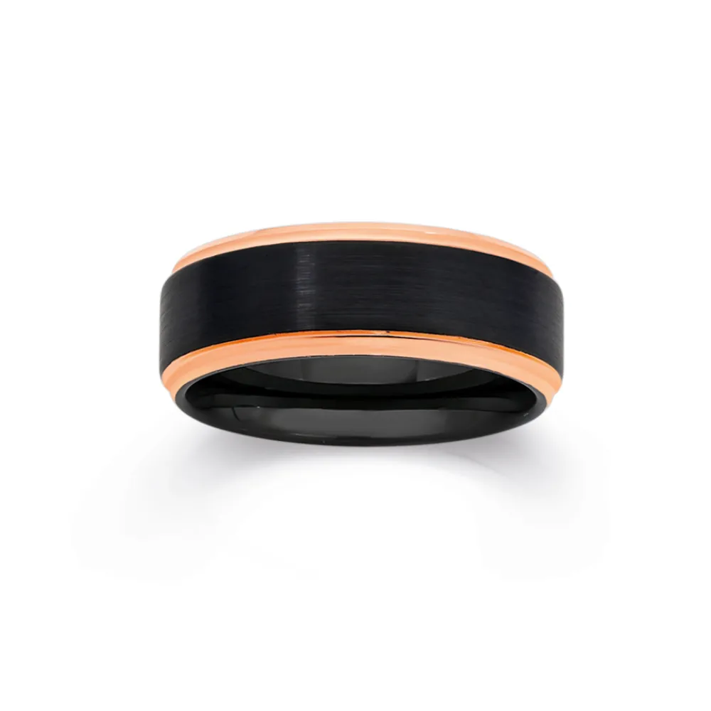Prouds Rings>Tungsten Carbide Matte Black With Rose Gold Plate Edges Ring