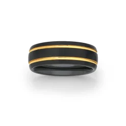 Prouds Rings>Tungsten Carbide Matte Black & Double Yellow Gold Plate Lines Rin