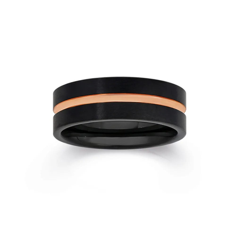 Prouds Rings>Tungsten Carbide Matte Black With A Rose Gold Plate Line Ring